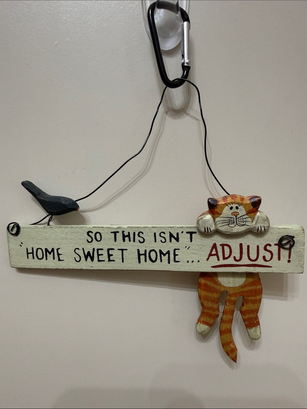 Wooden Hanging Sign with Orange Tabby Cat & Bird